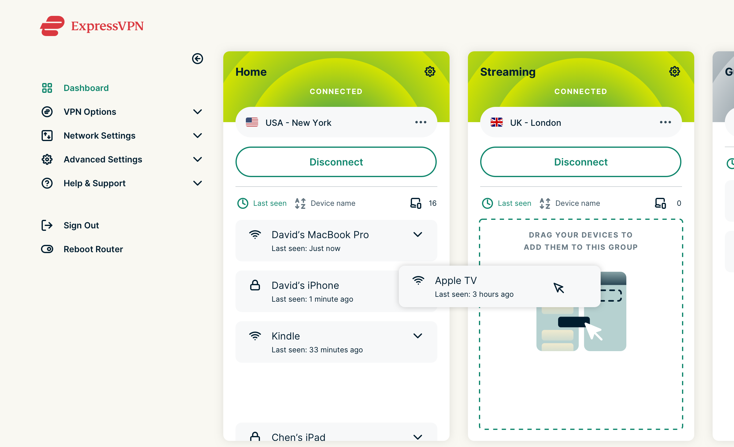ExpressVPN router app Device Groups user interface.