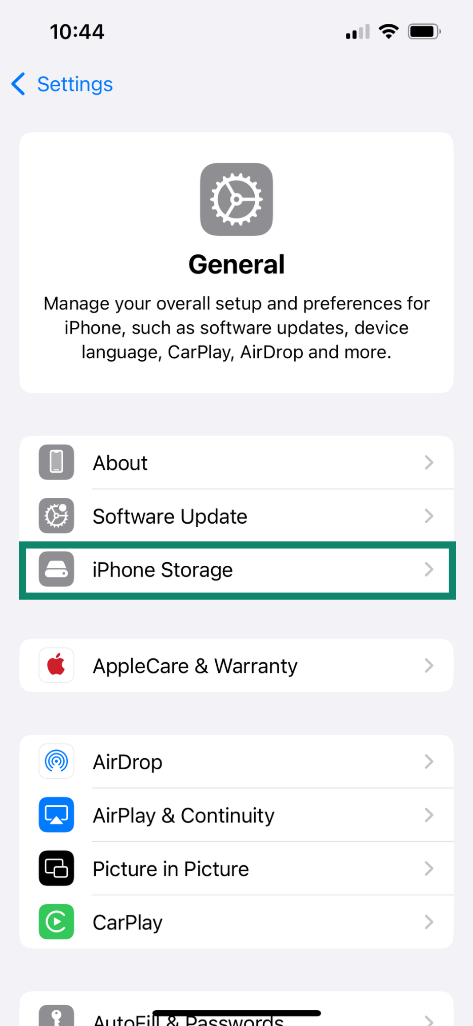 General screen on iPhone, showing the 